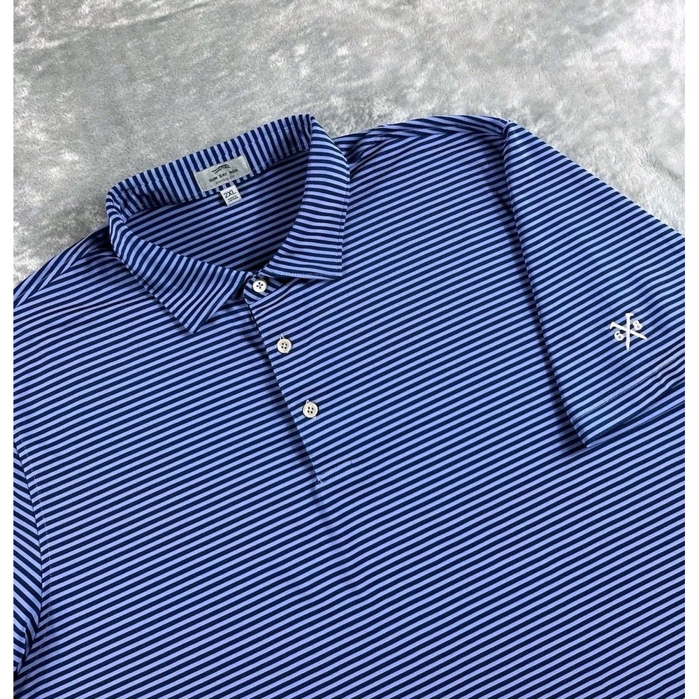 ⁠Sun Day Red Polo Shirt Men 2XL Blue Purple Striped Tiger Woods Golf Performance